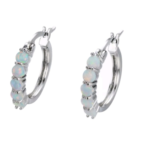 Silver Hoop Earrings with Opal Accents - Picture 1 of 2